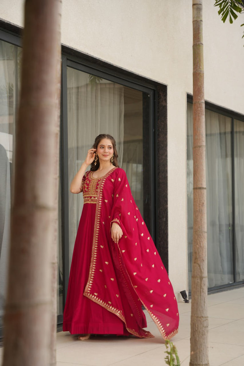 Rani Pink Color Vichitra Silk Embroidered Gown