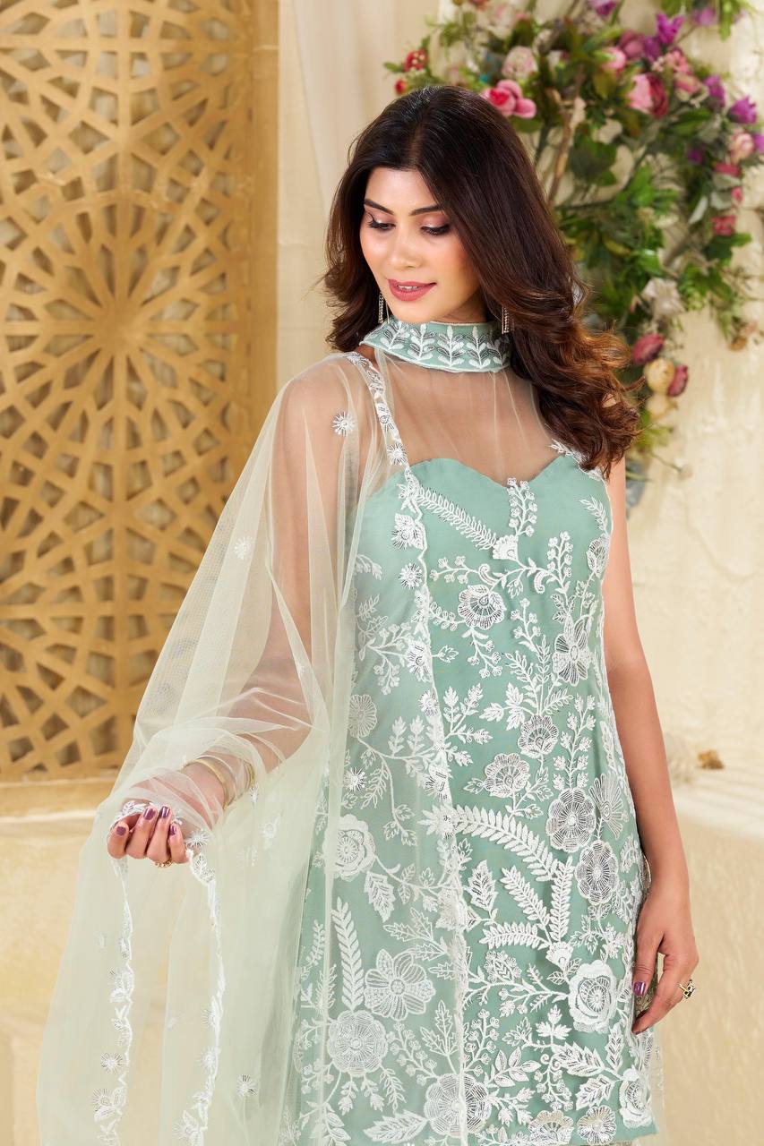 Mint Green Party Wear Halter Neck Kurta And Plazzo Set Dupatta In Butterfly Net With Sequence Embroidery Work