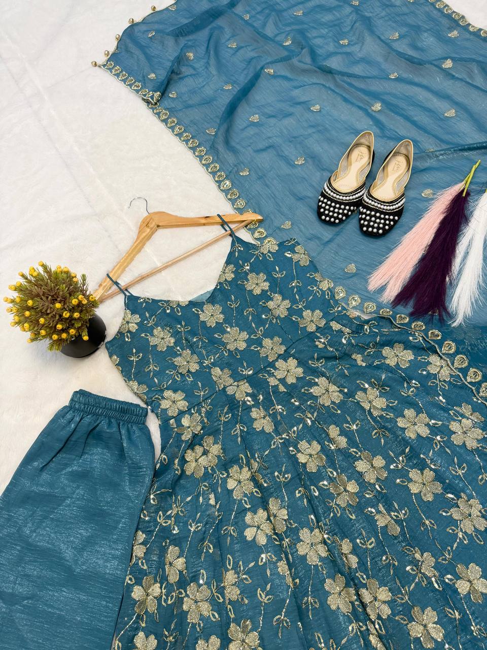 Teal Blue Floral Sequin Embroidered Sleeveless Anarkali Suit with Dupatta