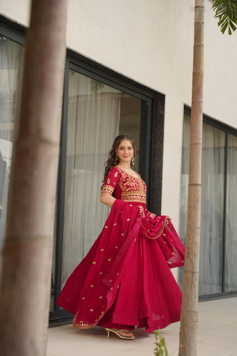 Rani Pink Color Vichitra Silk Embroidered Gown