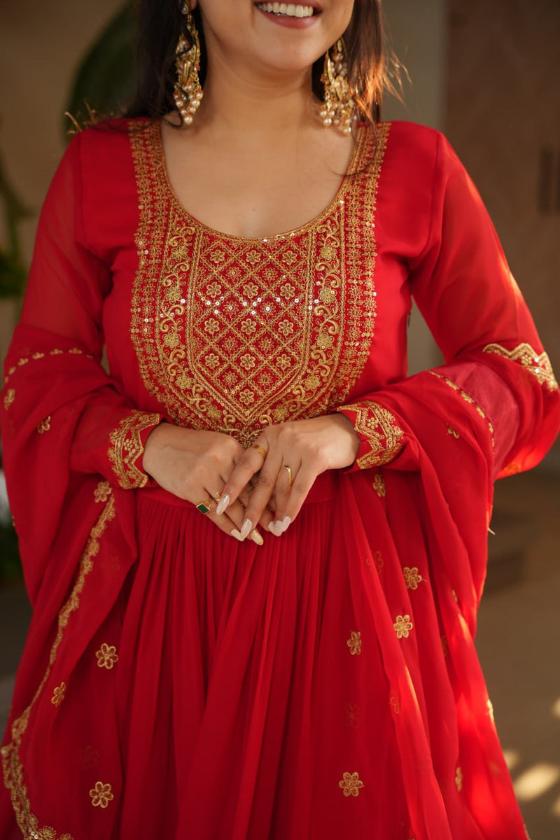 Red Color Faux Blooming Embroidered Gown