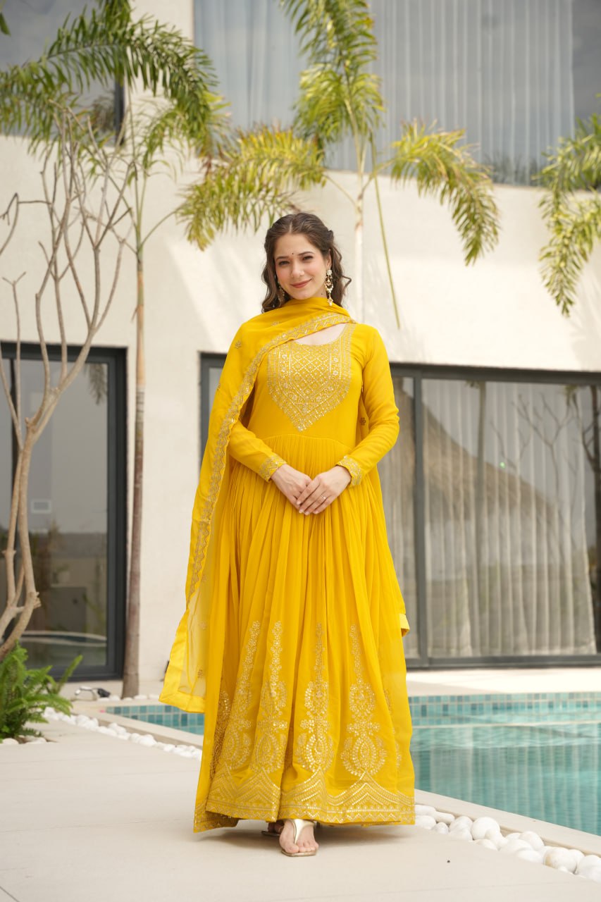Yellow Color Faux Blooming Embroidered Gown