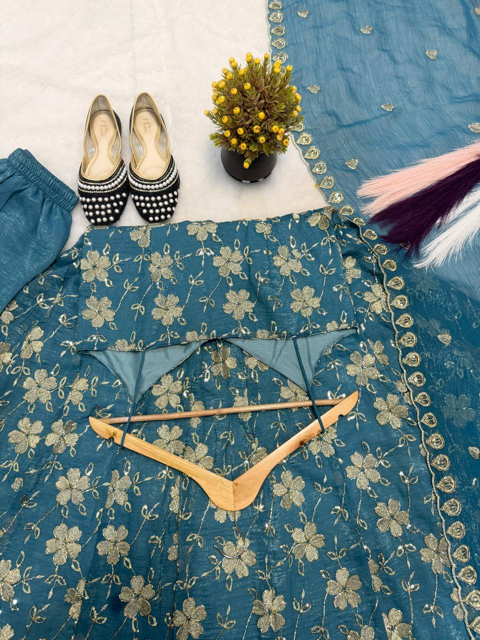 Teal Blue Floral Sequin Embroidered Sleeveless Anarkali Suit with Dupatta