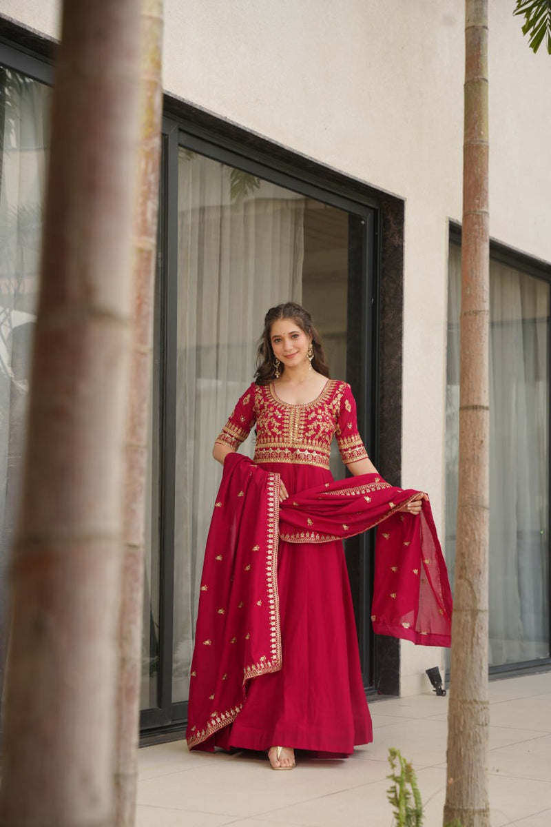 Rani Pink Color Vichitra Silk Embroidered Gown