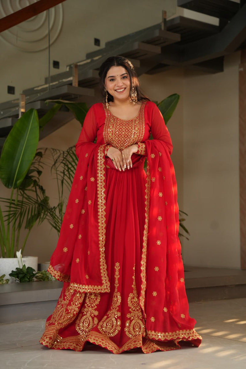 Red Color Faux Blooming Embroidered Gown