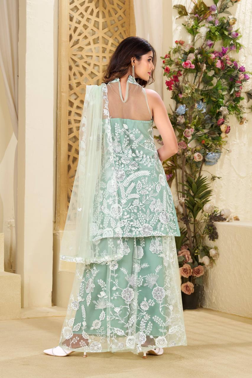 Mint Green Party Wear Halter Neck Kurta And Plazzo Set Dupatta In Butterfly Net With Sequence Embroidery Work