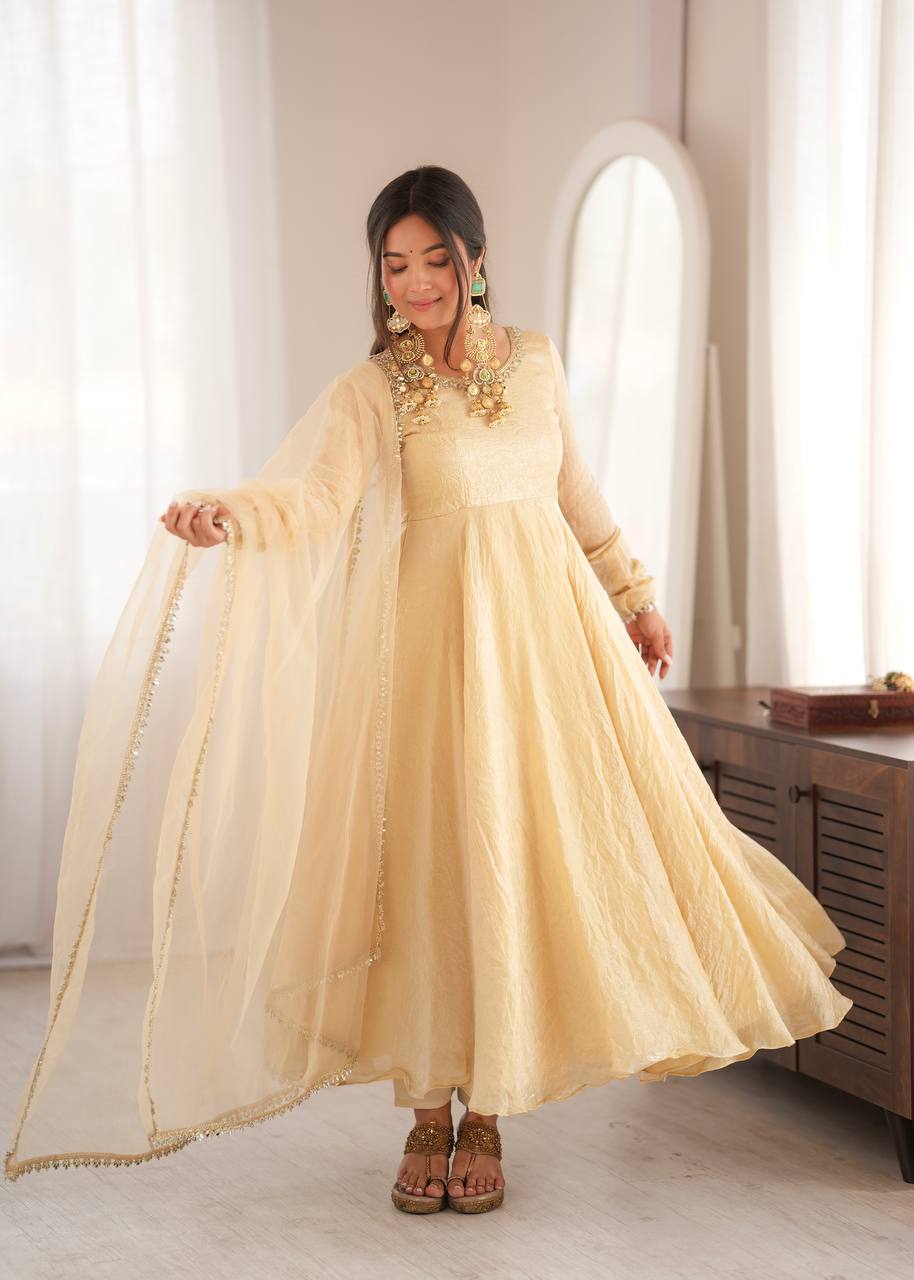 Golden Beige Crush Anarkali Gown with Mirror Work Dupatta