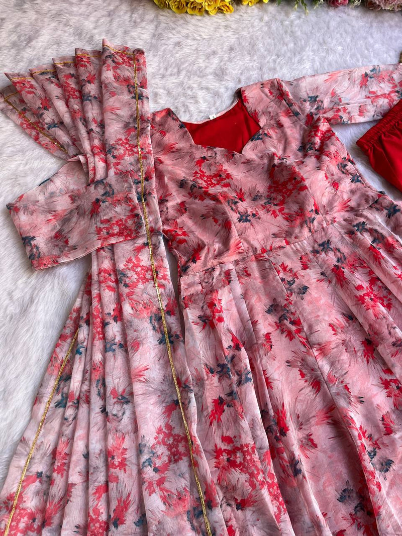 Gown Fabrics Organza Taby Silk Heavy Quality Fabric With Digital Print & Full Sleeve