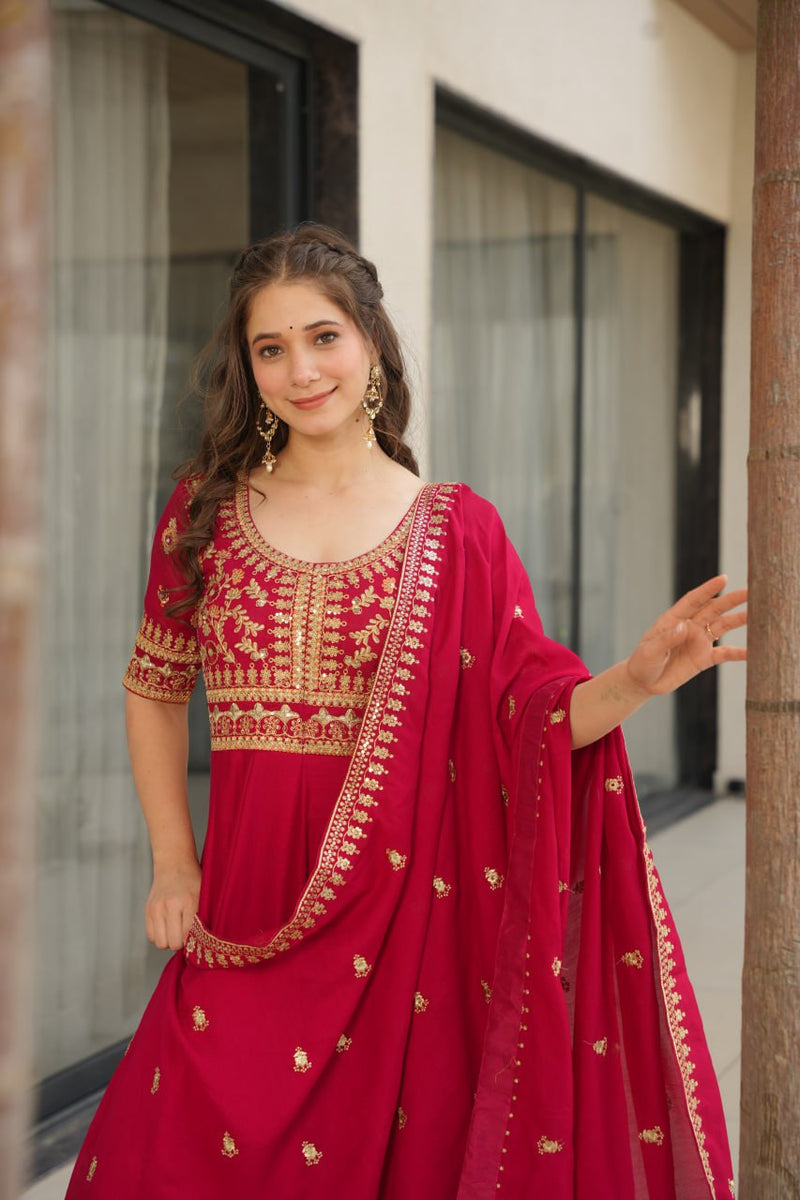 Rani Pink Color Vichitra Silk Embroidered Gown