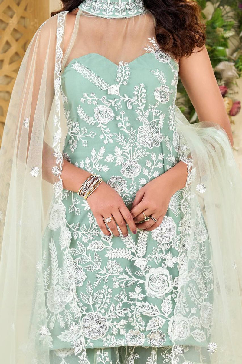 Mint Green Party Wear Halter Neck Kurta And Plazzo Set Dupatta In Butterfly Net With Sequence Embroidery Work