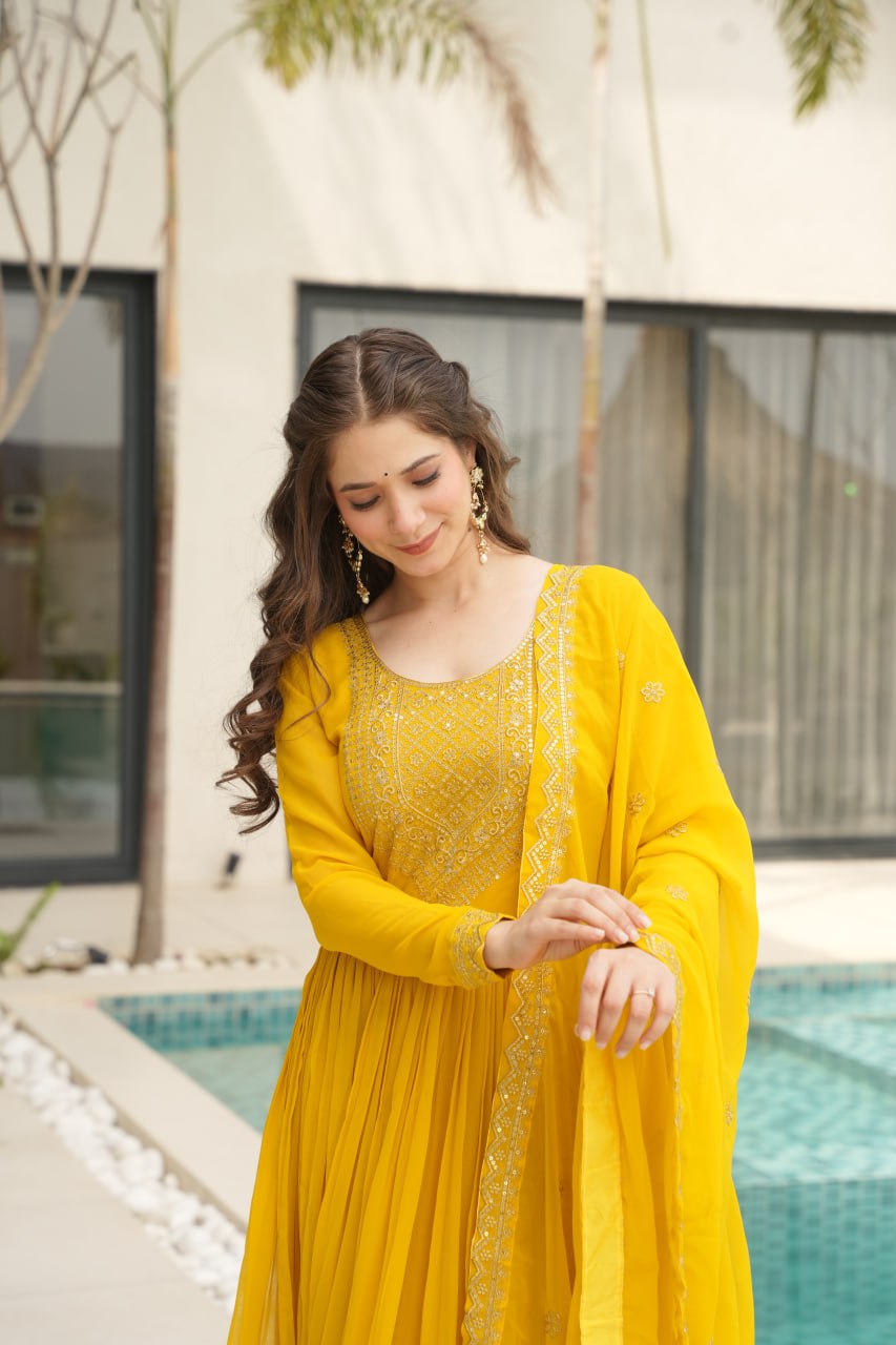 Yellow Color Faux Blooming Embroidered Gown