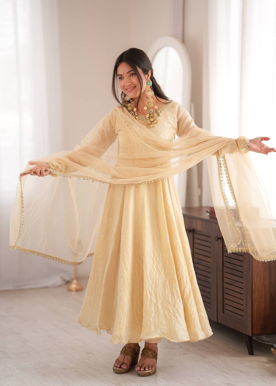 Golden Beige Crush Anarkali Gown with Mirror Work Dupatta