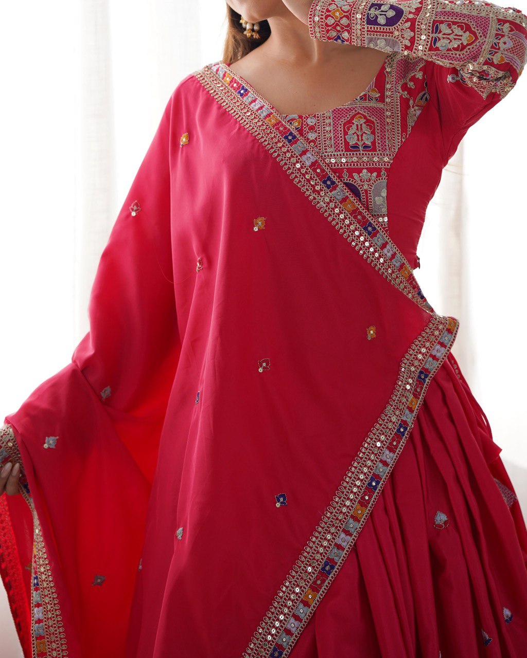 Tomato Color Natural Crepe silk Lehenga Choli
