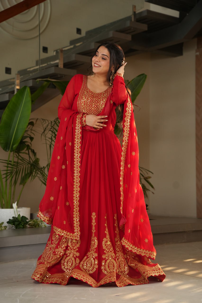 Red Color Faux Blooming Embroidered Gown