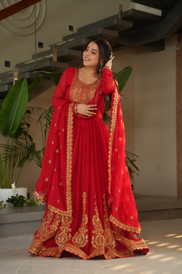Red Color Faux Blooming Embroidered Gown
