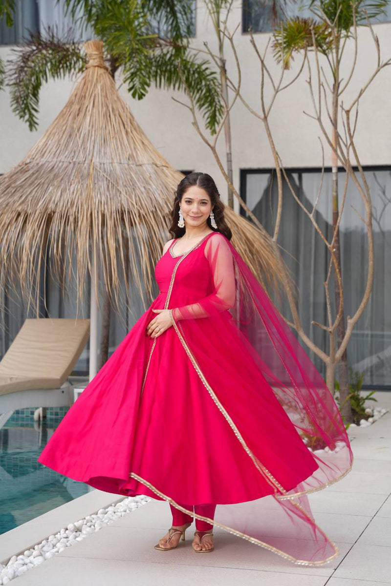 Rani Pink Color Chanderi Pure Roman Silk Anarkali Suit