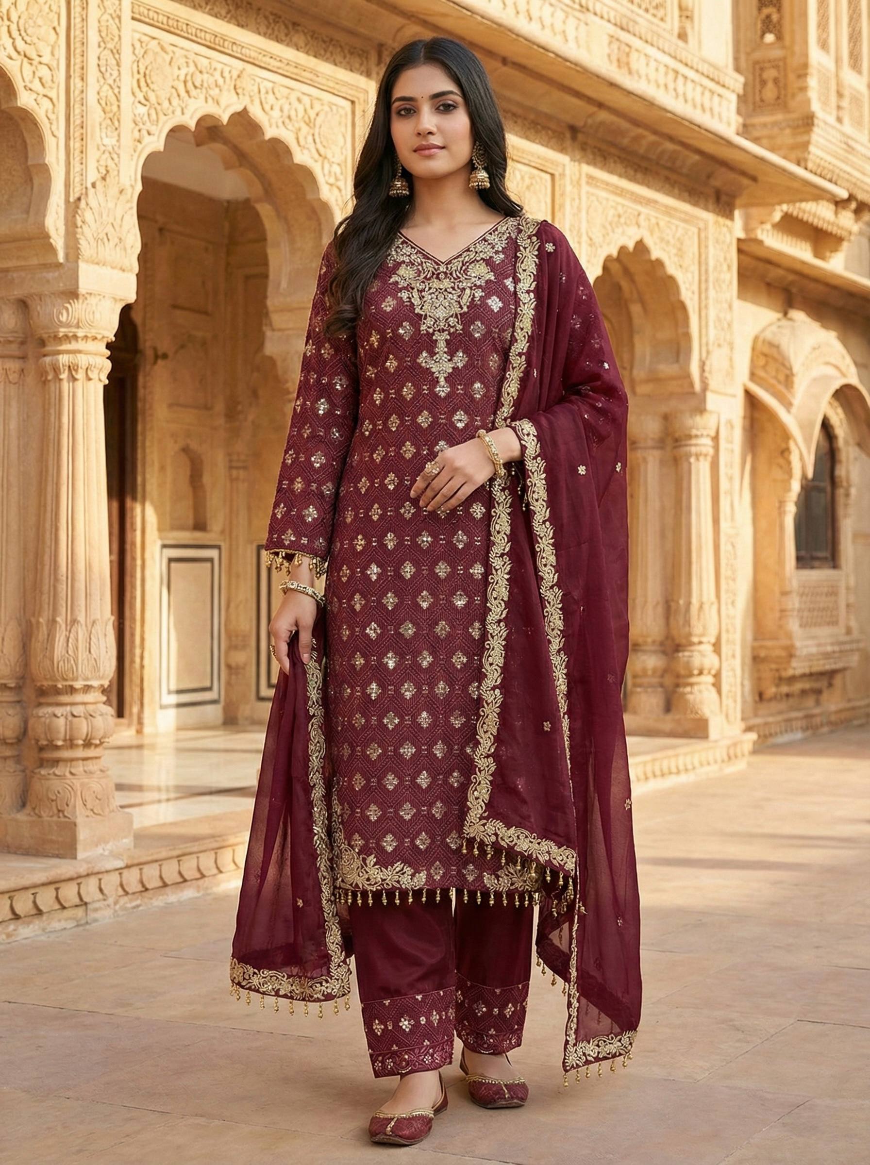 Ramzan Eid Collection Maroon Embroidered Salwar Suit With Dupatta