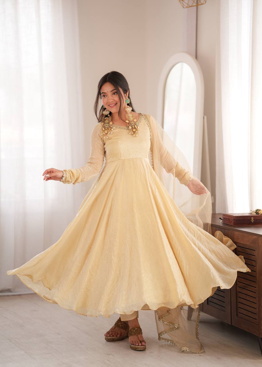 Golden Beige Crush Anarkali Gown with Mirror Work Dupatta