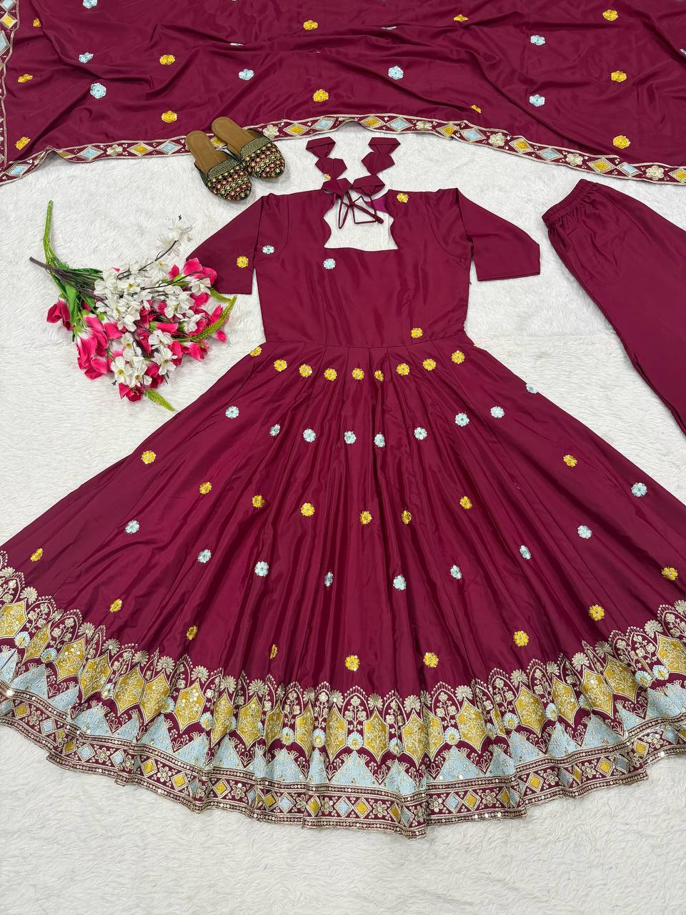 Wine Magenta Border Embroidered Anarkali Suit with Dupatta