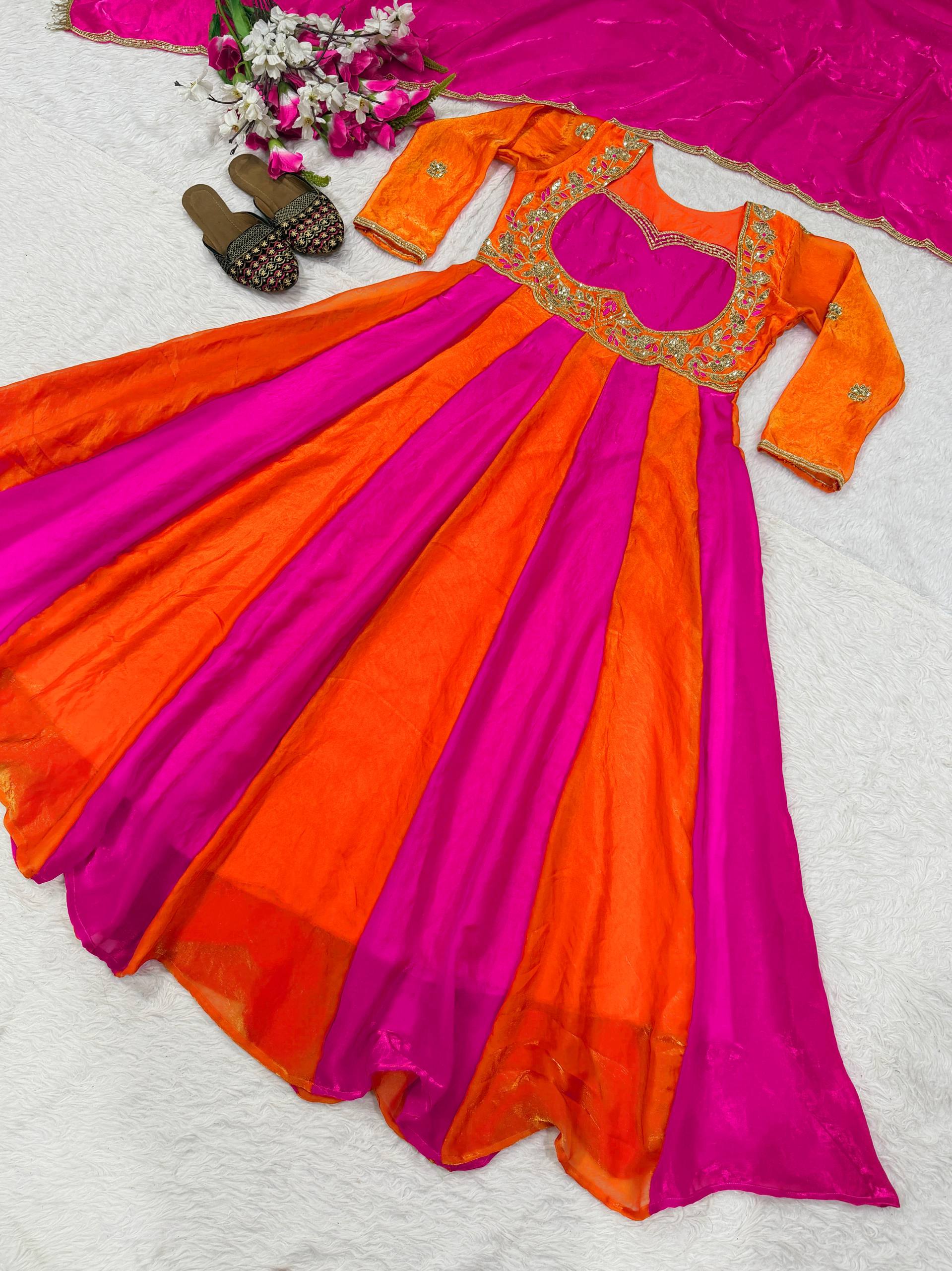 Orange Pink Colorblock Anarkali Gown