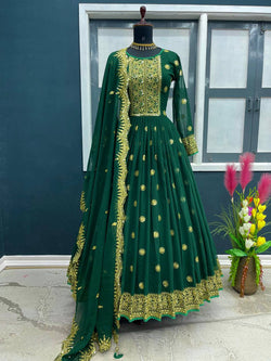 Wonderful Green Color Embroidery Work Party Wear Gown