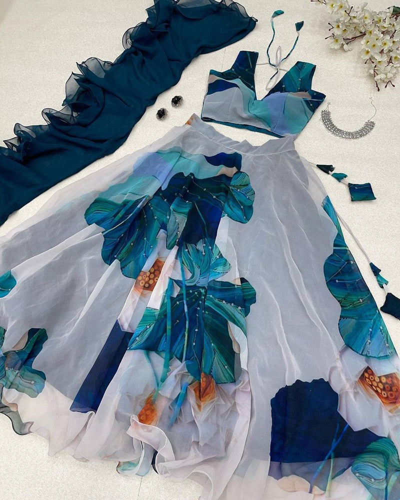 White With Teal Blue Color Digital Printed Lehenga Choli With Ruffle Dupatta