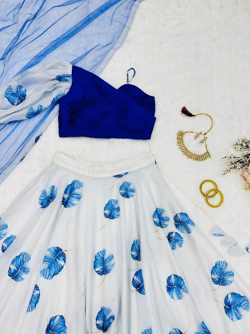 Fancy Style White With Blue Organza Lehenga Choli