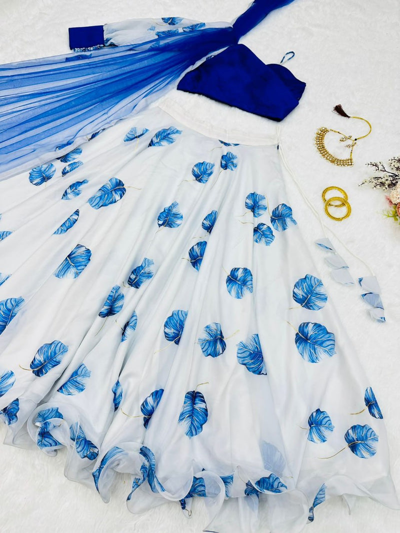 Fancy Style White With Blue Organza Lehenga Choli