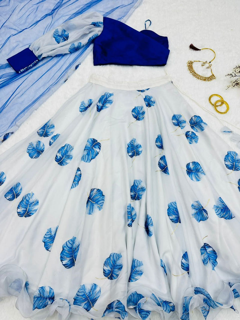 Fancy Style White With Blue Organza Lehenga Choli