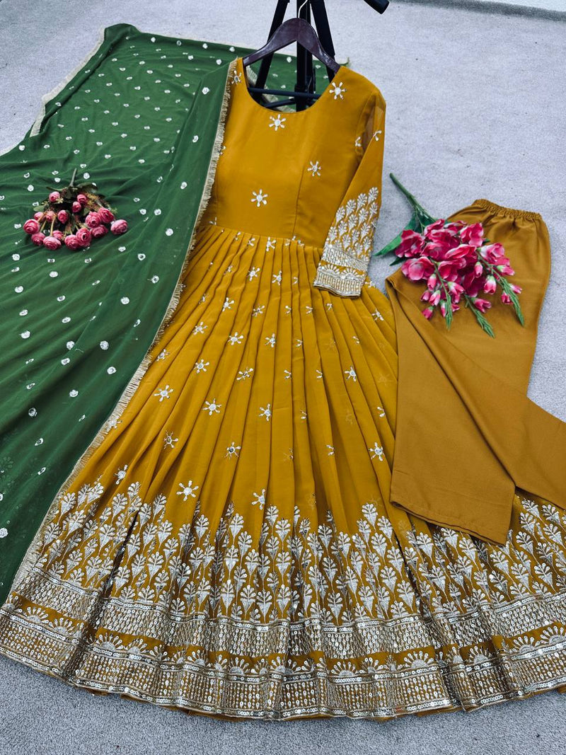 Mustered Color Anarkali Gown With Green Dupatta