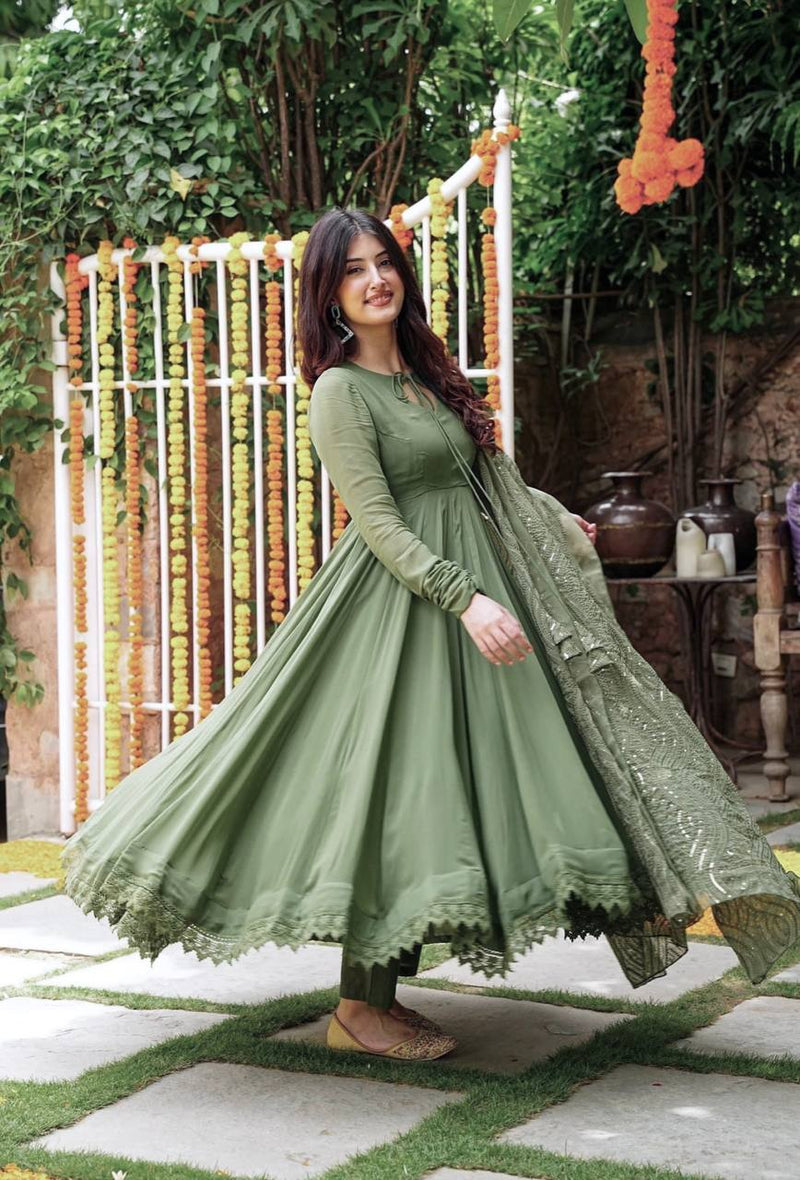 Ceremony Wear Mehndi Color Gown With Work Dupatta subhvastra Ceremony Wear Mehndi Color Gown With Work Dupatta subhvastra