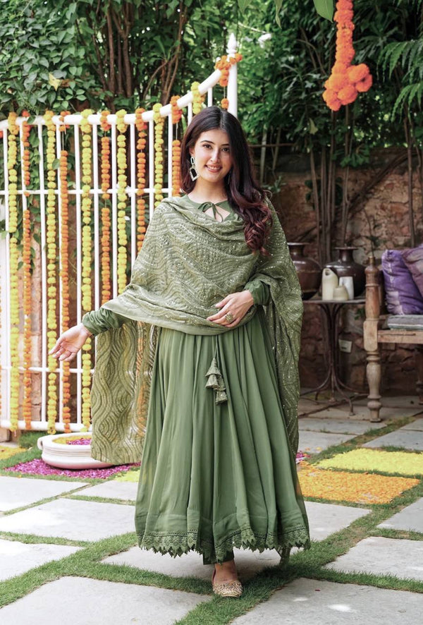 Mehndi Color Plain Gown With Heavy Dupatta