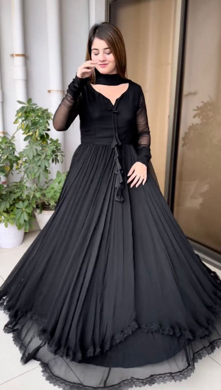 Black Faux Georgette Readymade Anarkali Dress