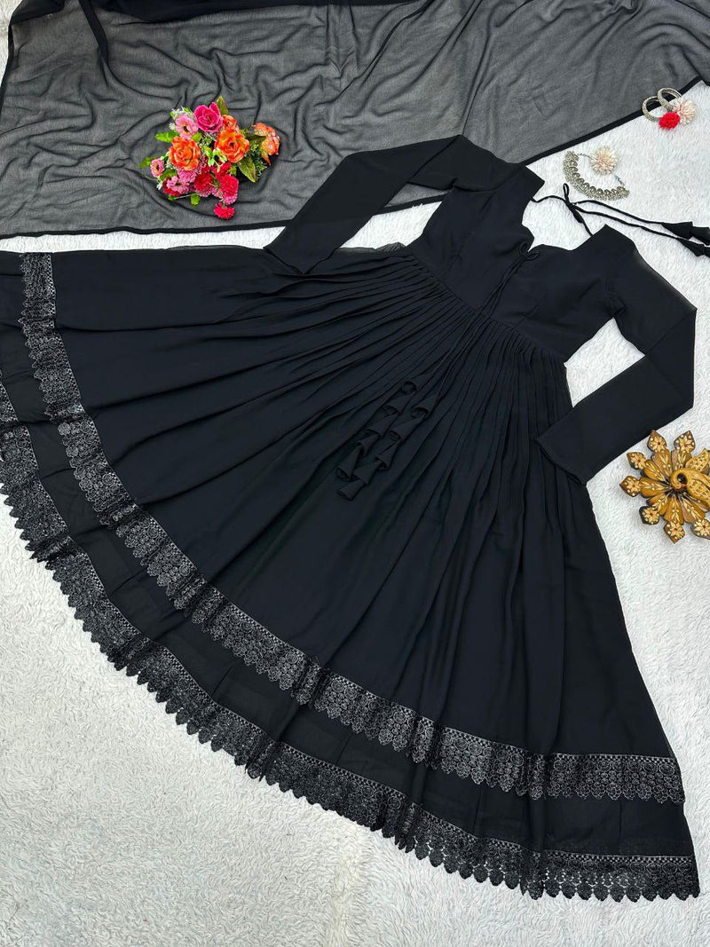 Demanding Black Color Lace Work Long Anarkali Gown