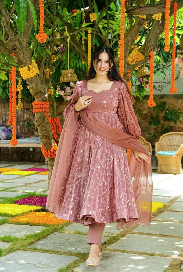 Dusty Pink Color Sequence Embroidery Work Anarkali Gown