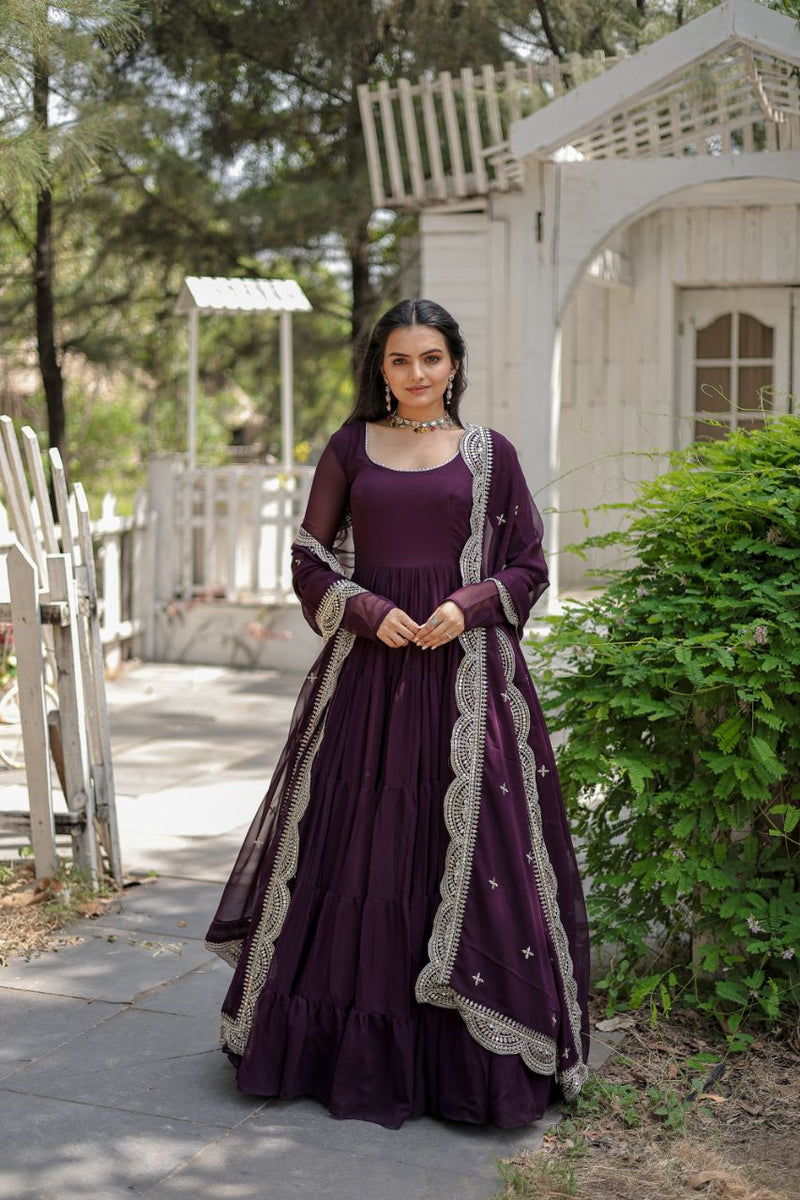 Party Wear Wine Color Plain Long Gown With Dupatta – subhvastra Party Wear Wine Color Plain Long Gown With Dupatta – subhvastra