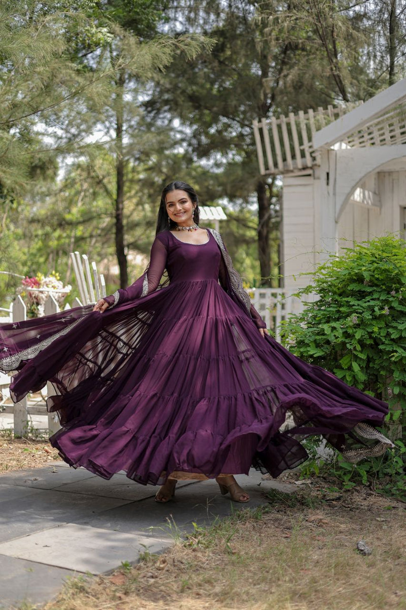 Party Wear Wine Color Plain Long Gown With Dupatta