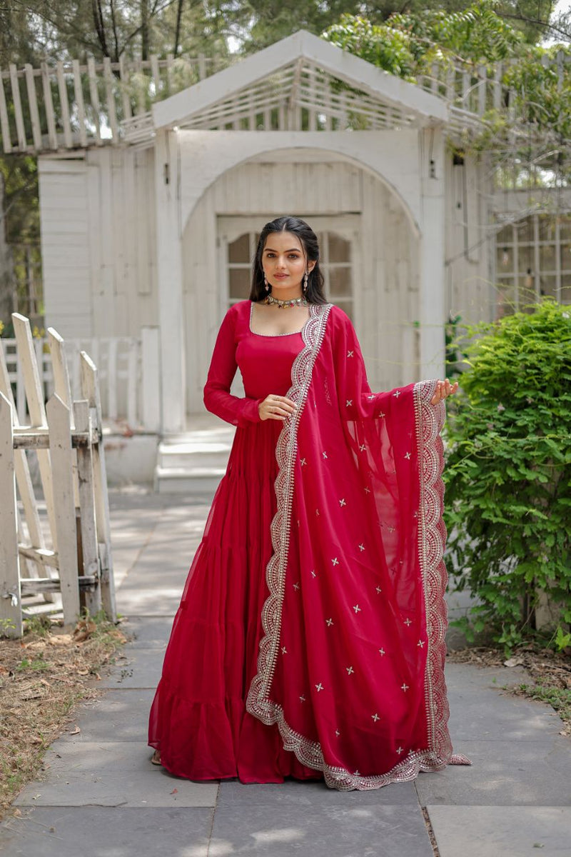 Hot Red Plain Double Layer Long Kurtis With Dupatta – jusson