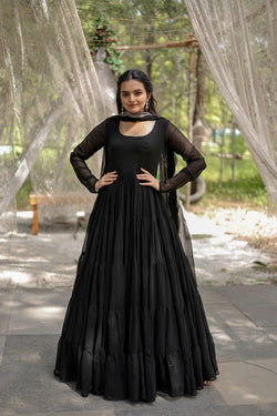 Party Wear Black Color Plain Long Gown With Dupatta subhvastra