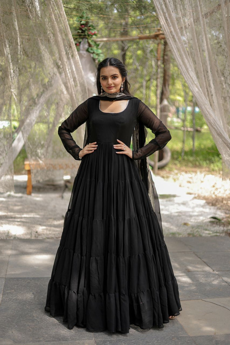 Party Wear Black Color Plain Long Gown With Dupatta subhvastra Party Wear Black Color Plain Long Gown With Dupatta subhvastra