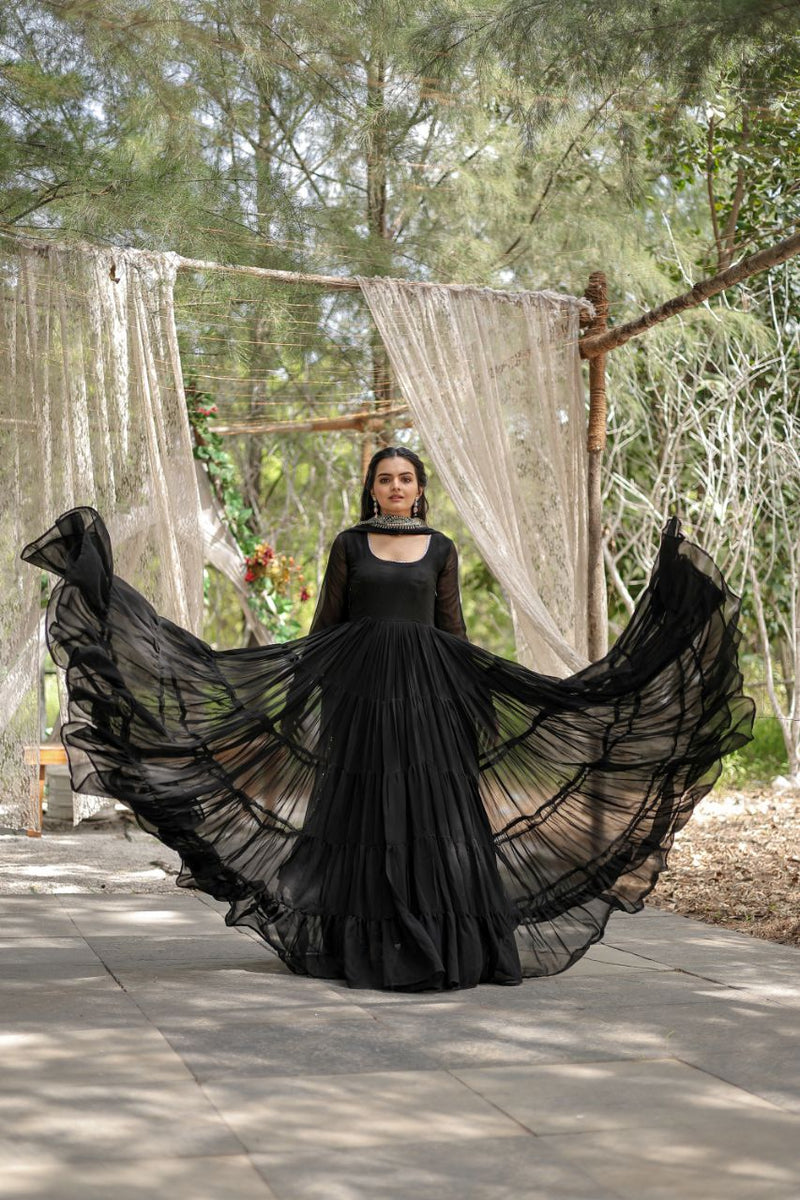 Black Color Party Wear Gown With Embroidery Work Big Flair Gown in USA, UK,  Malaysia, South Africa, Dubai, Singapore