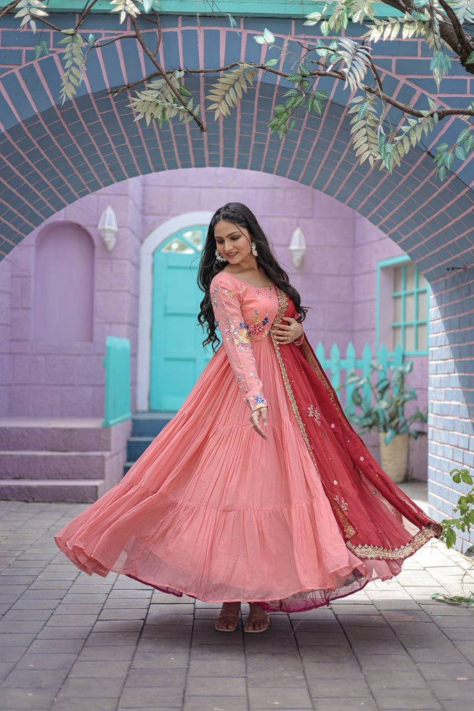 Peach colour gown with dupatta sale