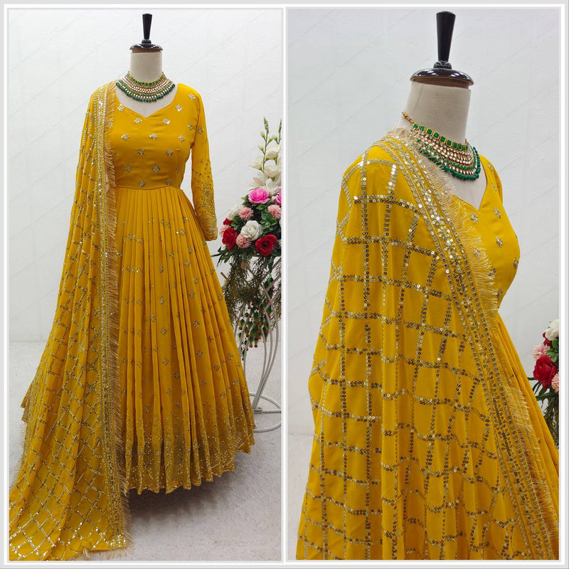 Buy Calmna Serene Yellow Gotapatti Georgette Anarkali Suit (Set of 3) online