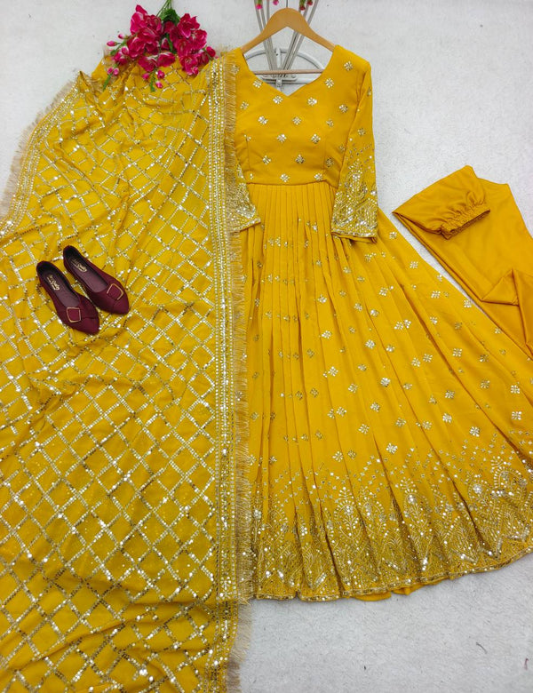 Ravishing Sequence Work Yellow Color Anarkali Gown