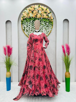 Stylish Dark Peach Color Multi Printed Anarkali Gown
