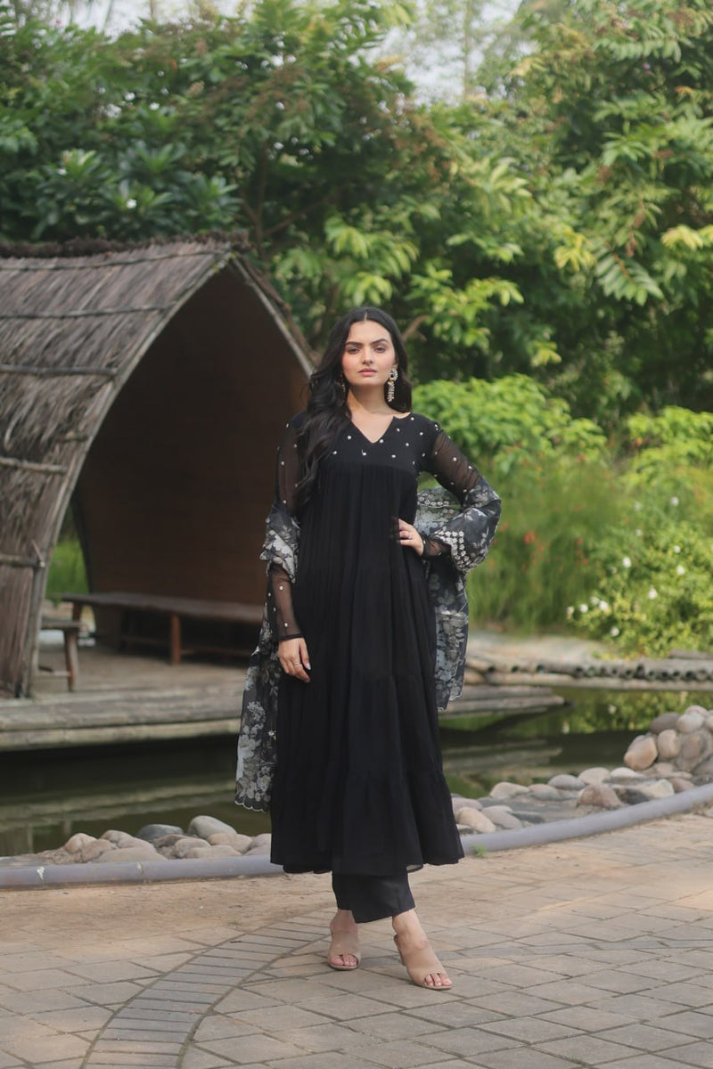 Black Color Alia Cut Kurti Set With Rich Print Dupatta