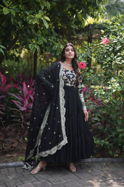 Jacquard Embroidery Work Black Color Gown With Dupatta