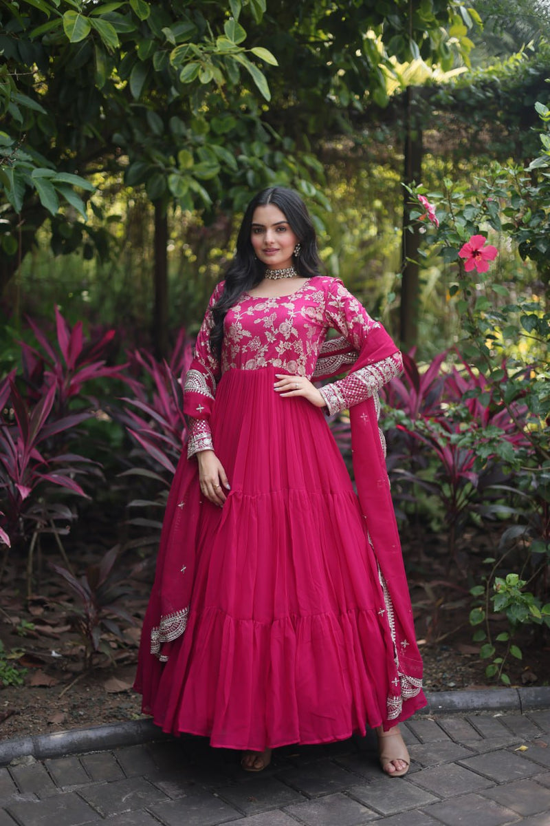 Jacquard Embroidery Work Pink Color Gown With Dupatta