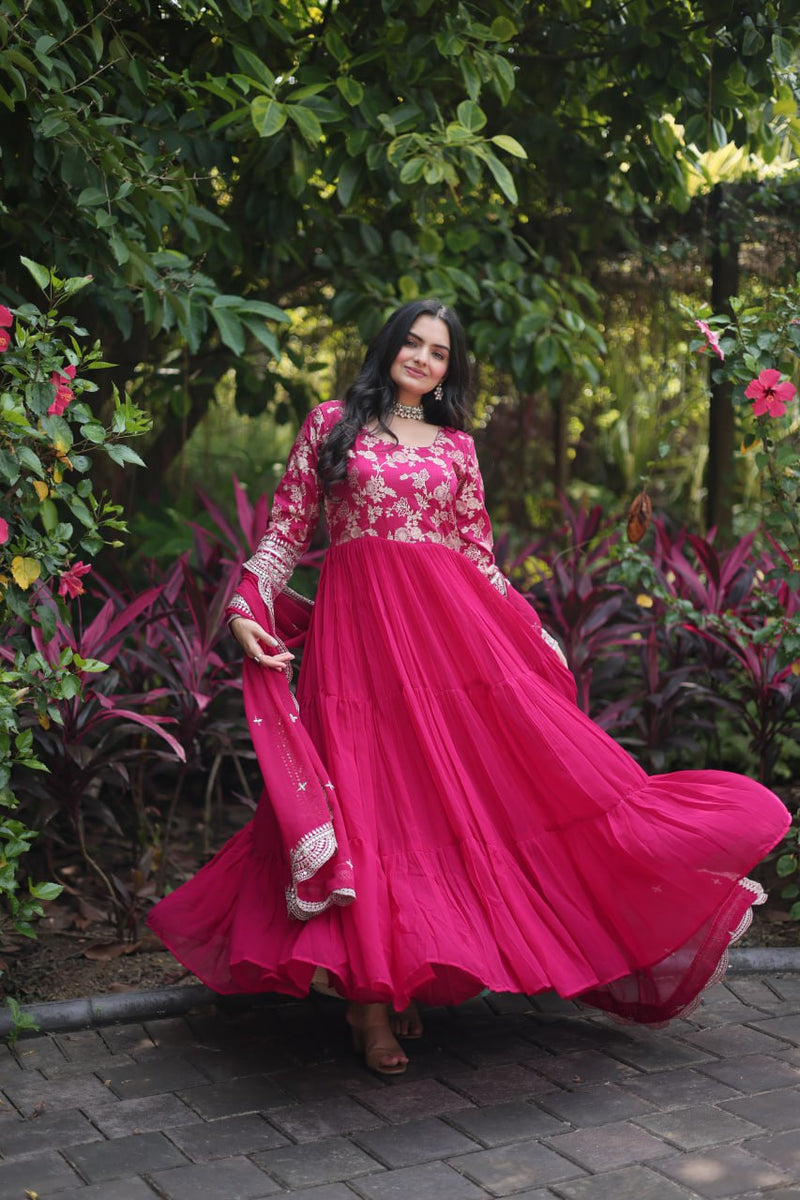 Jacquard Embroidery Work Pink Color Gown With Dupatta