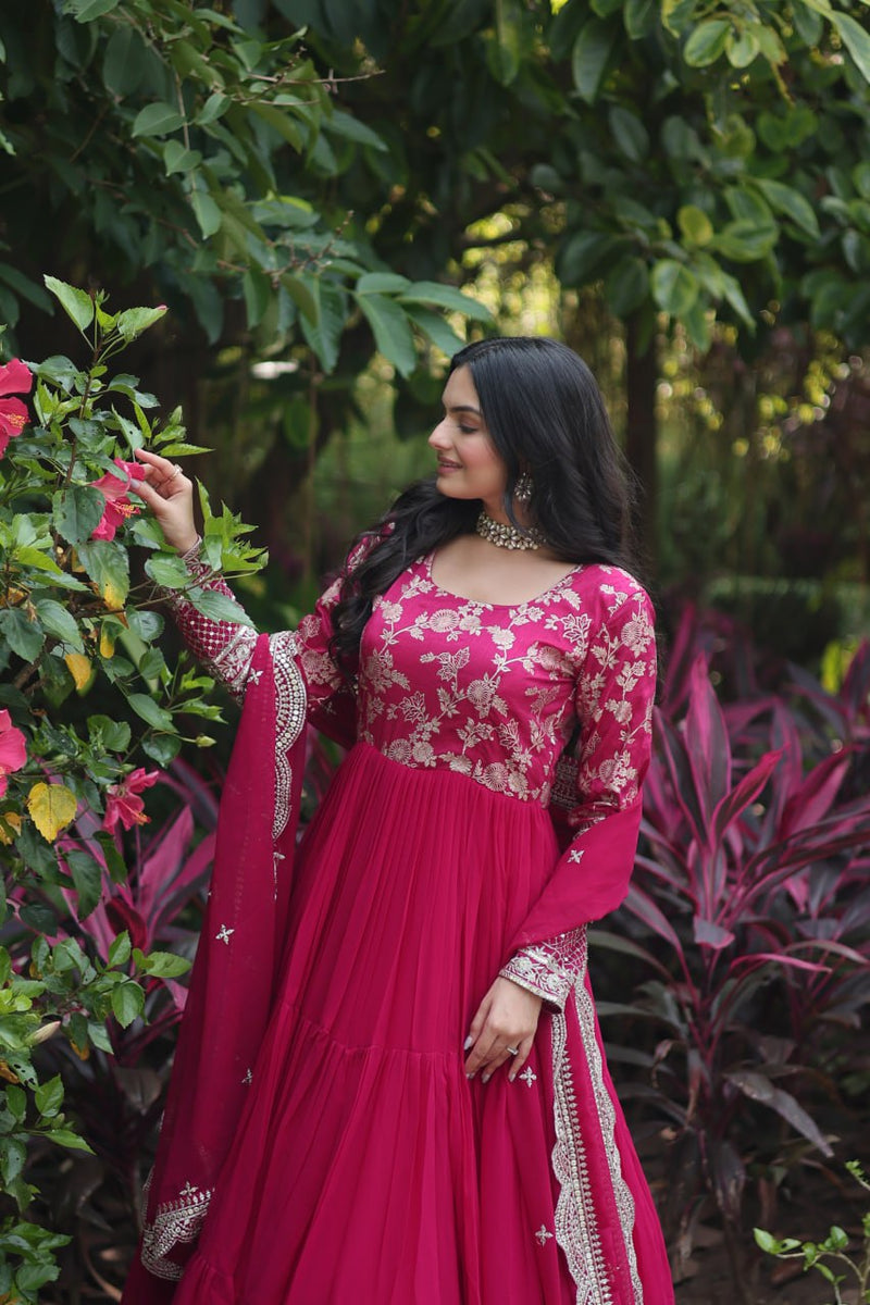 Jacquard Embroidery Work Pink Color Gown With Dupatta